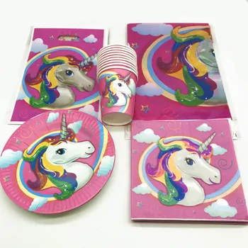 

51pcs/lot Unicorn Theme design Kids favor Girls Birthday party Paper Cups Plates Napkins Candy Gift Bags Tablecloth Supplies