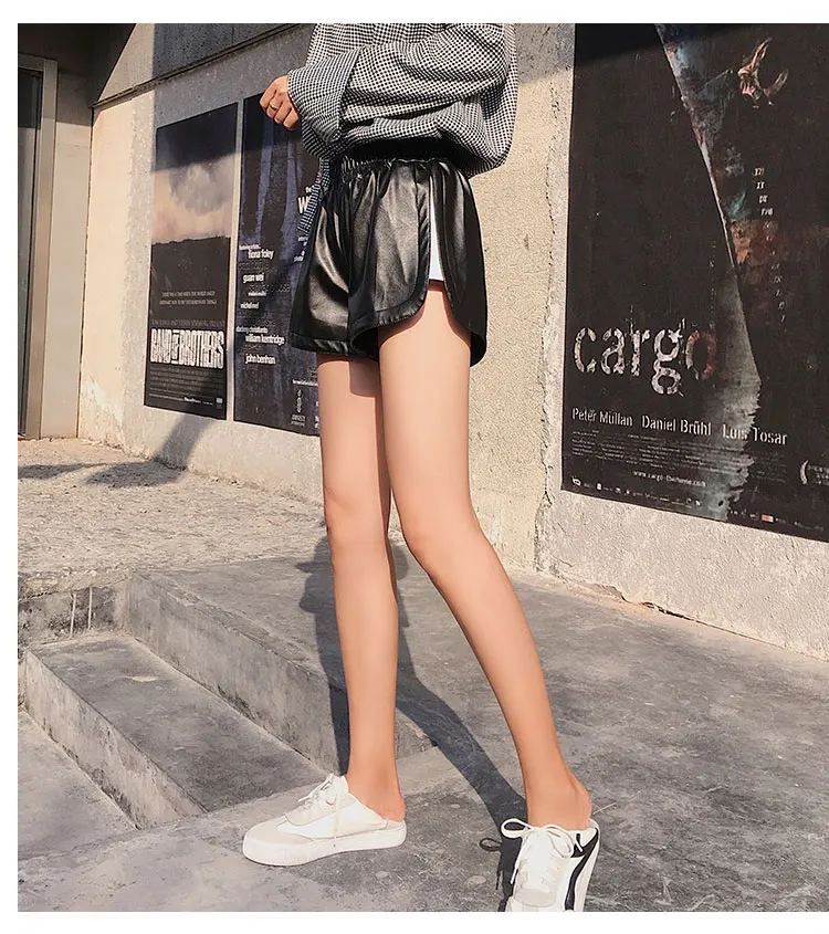 Из искусственной кожи шорты Для женщин черный Высокое качество S-XXL 2019 Новый эластичный пояс Короткие штаны с карманами свободные Рубашки