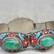 Изысканный китайский Тибетский серебристый инкрустированный с зеленым нефритом cloisonne цветок браслет