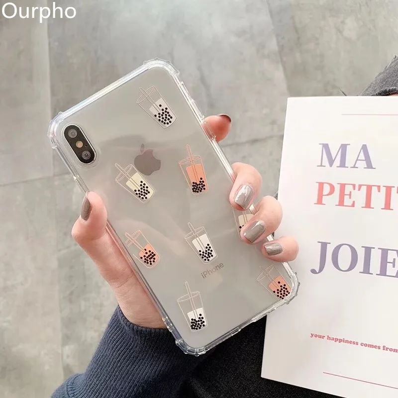 

Ourpho INS same milk tea mobile phone case for iphone 6 6s 7 8plus four corner anti-collision for iphone X XR XS MAX F