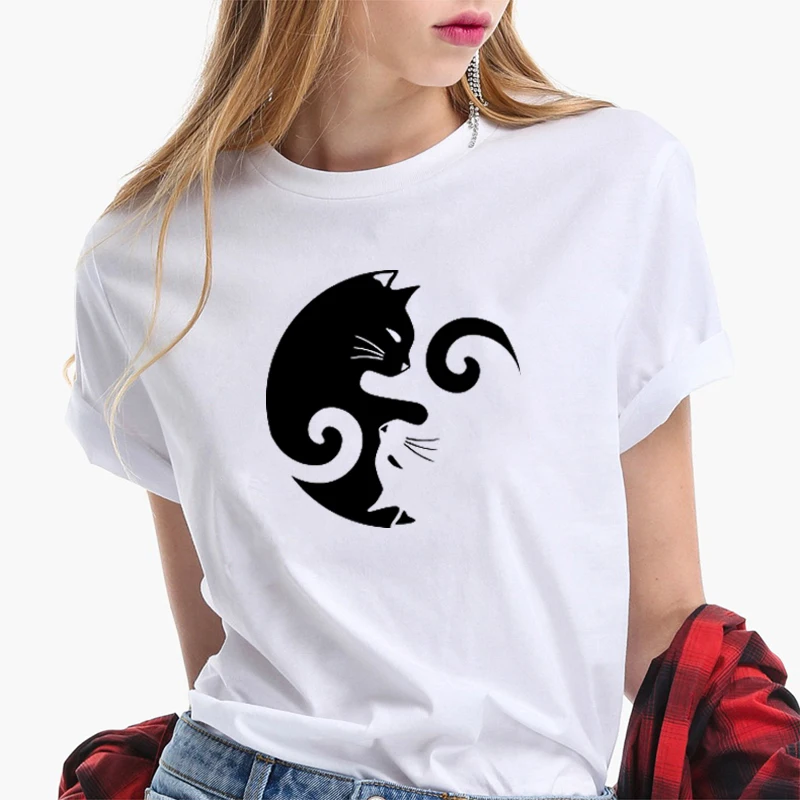 Модная женская футболка Yin and Yang свободная с принтом кота летние топы Уличная