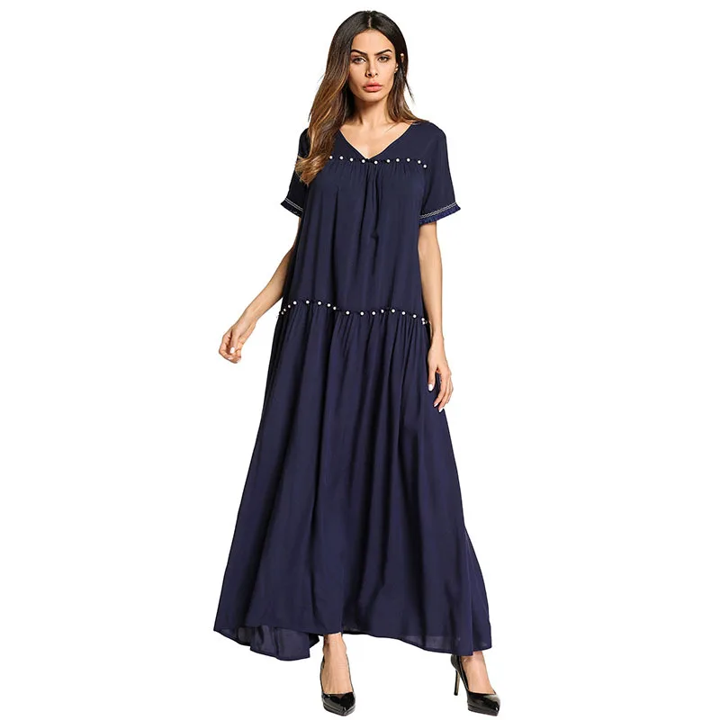 Ramadan Abaya Maxi Dress V Neck Short Sleeves Beading Dubai Abaya Fashion...