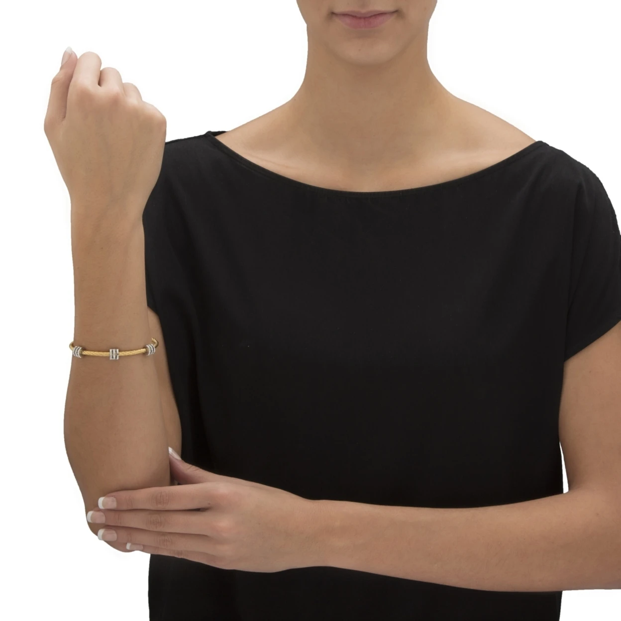 Cubic Zirconia Silvertone and Gold Tone Barrel Bead Magnetic Twisted Cable Bracelet 7 (.72 cttw) (1)