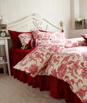 

Rustic pastoral red flower beding sets,full queen king ruffled 100%cotton,wed home textiles bedsheets pillow case duvet cover