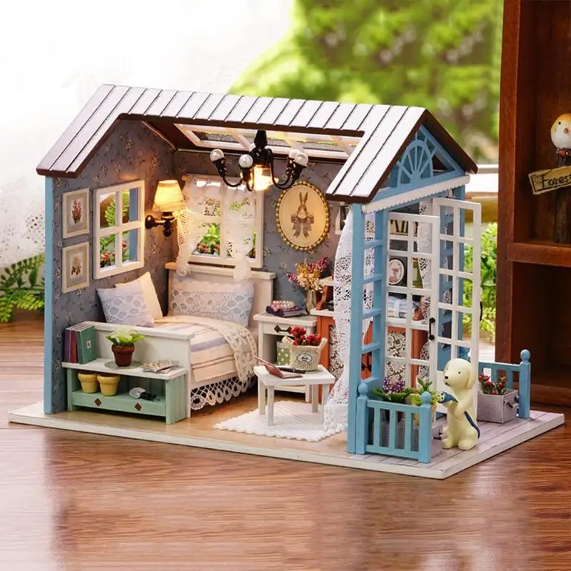 Деревянные игрушки для детей классический дом DIY мини кукольный домик игрушки с светодиодный светильник ручной работы кукольный дом мебель набор синий свежий