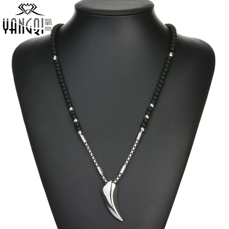 Norse Vikings Wolf Teeth Pendant Necklaces Silver Stainless Steel Chain Black Stone Strand Beads Necklaces Ethnic Jewelry Men Norse Vikings Wolf Teeth Pendant Necklaces Silver Stainless Steel Chain Black Stone Strand Beads Necklaces Ethnic Jewelry Men