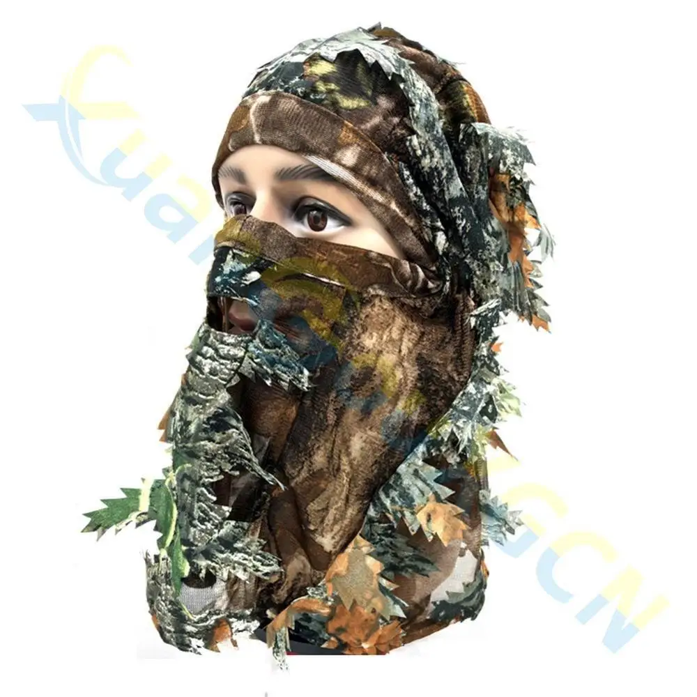 3D outdoor Geely clothing full face mask hood headgear Camo leaves caps fishing camouflage hunting hat headwear masks