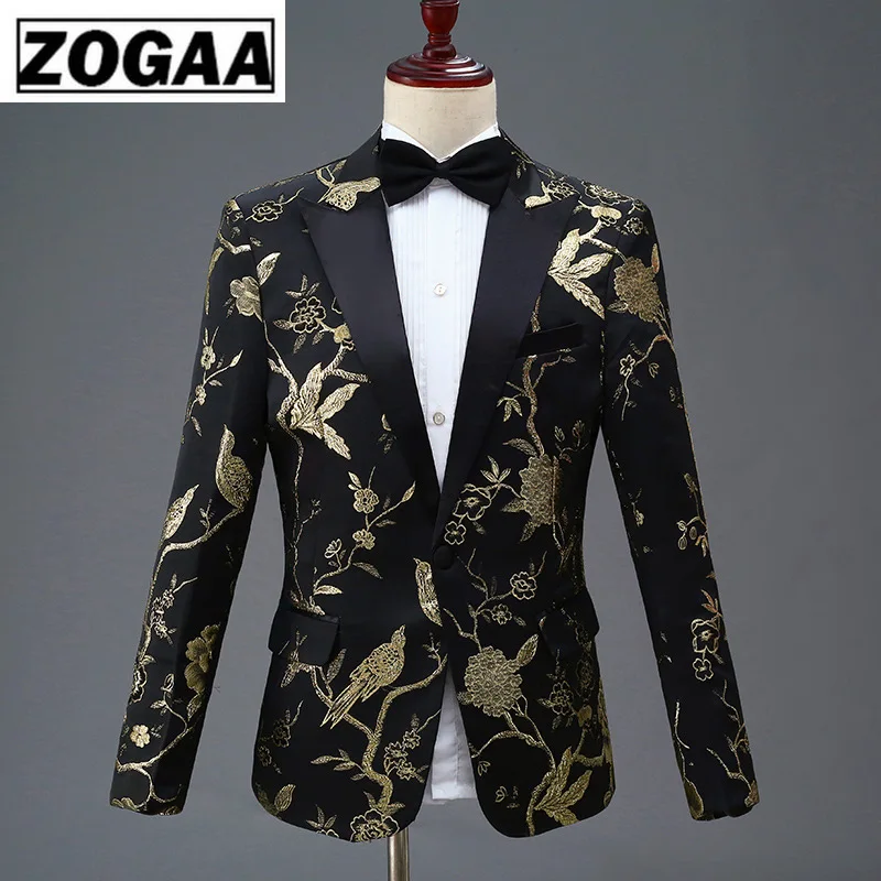 

ZOGAA New Design Mens Stylish Embroidery Royal Blue Green Red Floral Pattern Suits Stage Singer Wedding Groom Tuxedo Costume