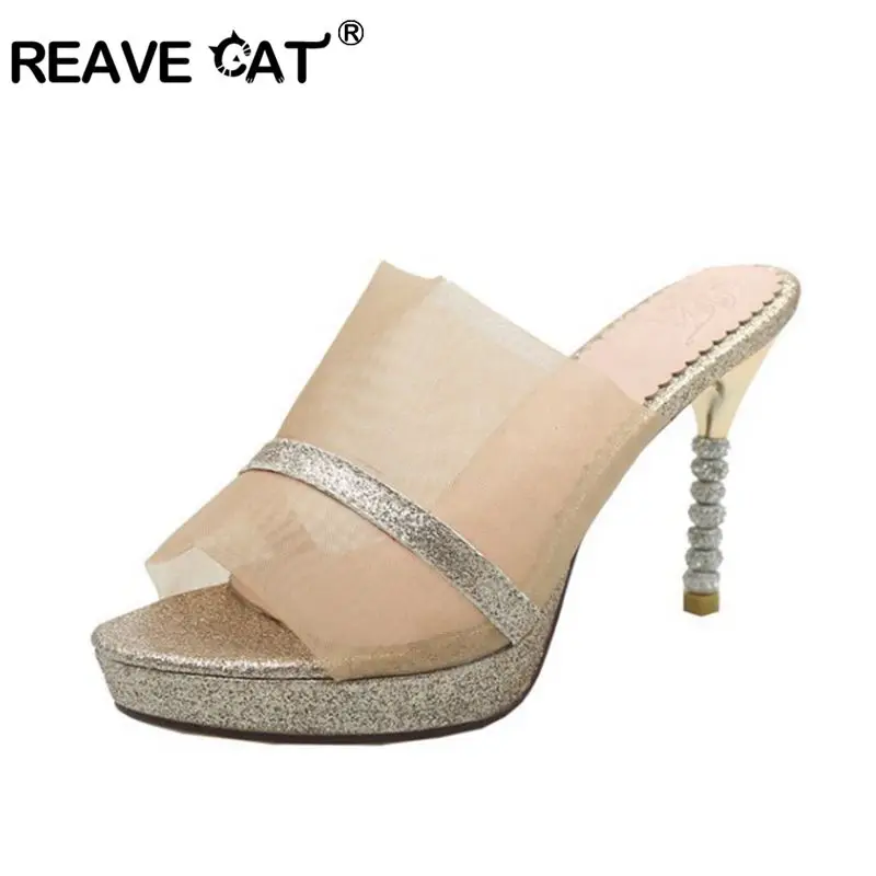 

REAVE CAT Big size 33-43 Women's slippers mesh Shoes woman crystal High heels Platform Peep toe bing Gold Summer Casual A2187