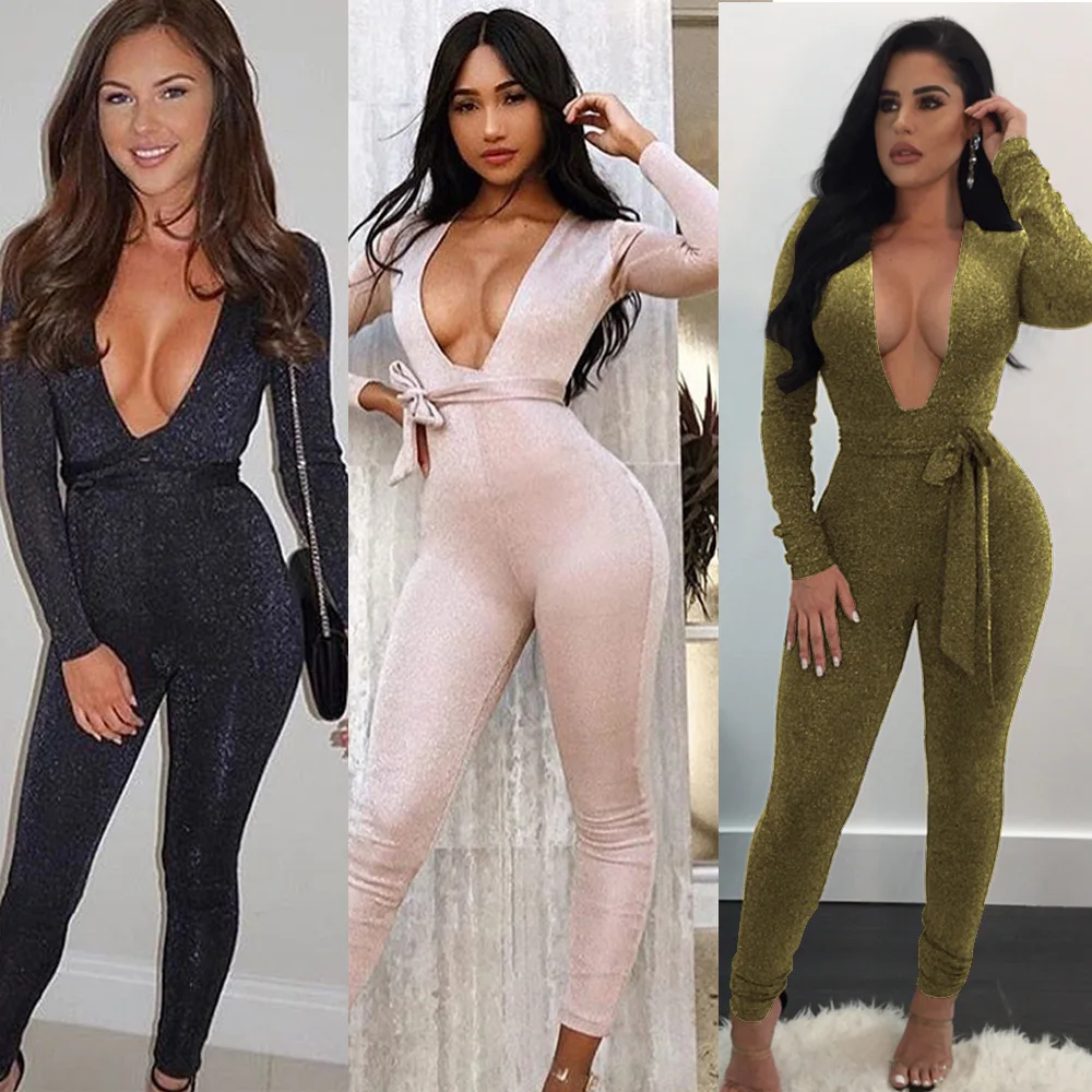 Sexy Bodycon Jumpsuit 2019 Romper Long Sleeve Bodysuit Women Deep V-Neck bow Jumpsuit Elegant