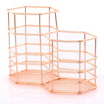 

Metal Desktop Pencil Holder Pen Makeup Brush Stationery Holder Iron Desk Organizer Double Hexagon Pen Holder Storage Basket
