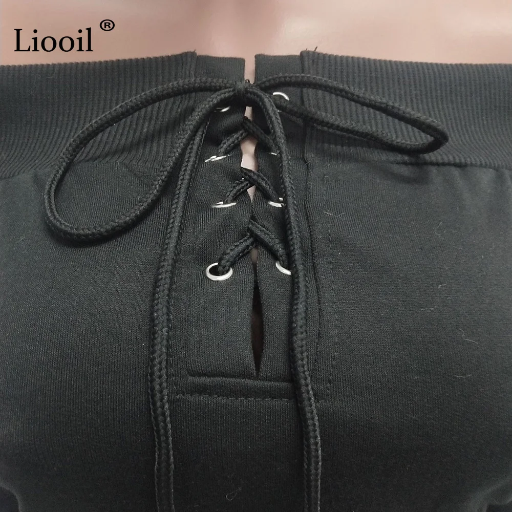 Liooil Off Shoulder 2pcs Active Set Women Outfits Sweatshirt Long Sleeve Crop Top And Pants Lace-Up Track Suits Woman Sets