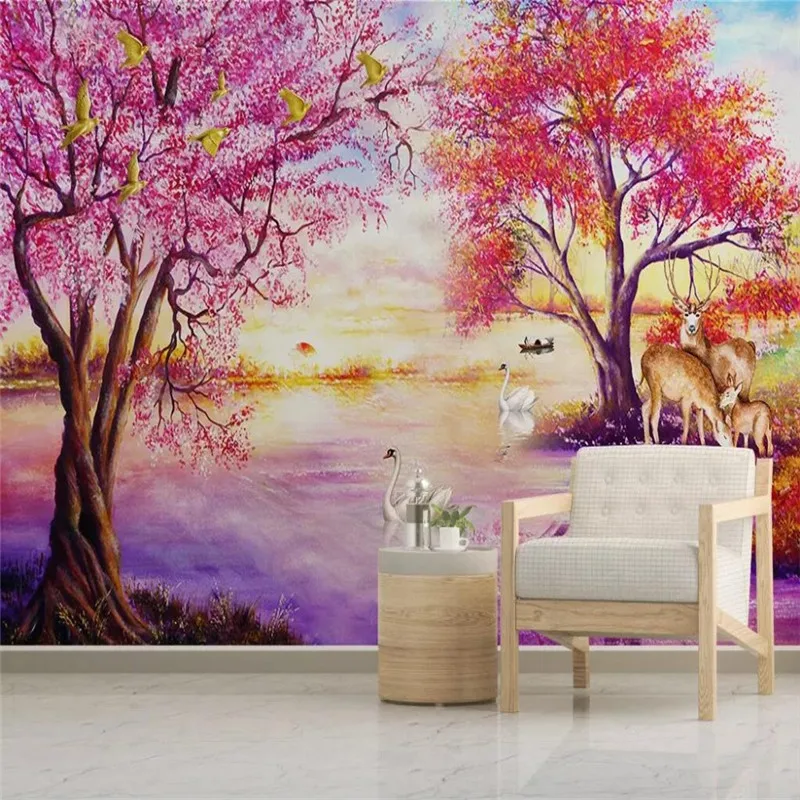 European forest tree tree elk swan lake wall professional production murals, wallpaper wholesale, custom poster photo wall European forest tree tree elk swan lake wall professional production murals, wallpaper wholesale, custom poster photo wall