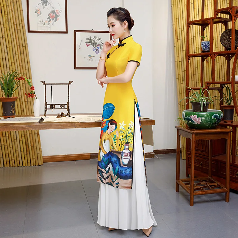 Красный плюс размер 4XL 5XL Китайский традиционный Женский Aodai цветочный принт Qipao винтажный Чонсам Новинка китайское торжественное платье