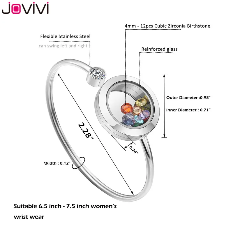 Jovivi нержавеющая сталь циркон браслеты камень рождения памяти Плавающий Шарм Стекло медальон браслет для женщин DIY ювелирных изделий