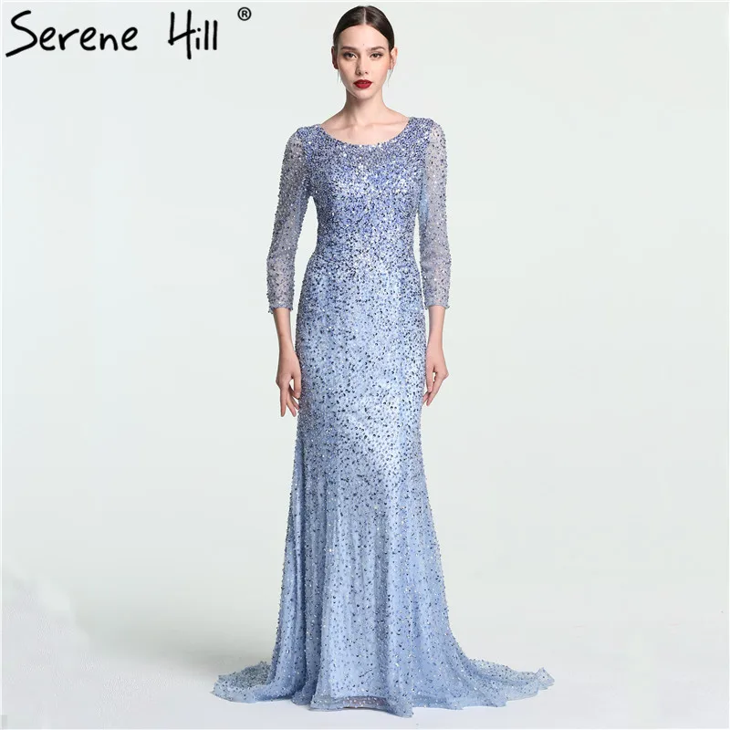 

Luxury Beading Diamond Tulle Mermaid Evening Dresses Long Blue Grey Long Sleeves Real Picture 2019 Serene Hill LA6092