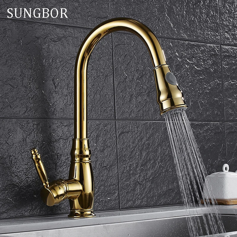 Luxury Golden Handheld Pull Out Kitchen Faucet Deck Mounted 360 Swivel Kitchen Mixer Hot and Cold Taps Stream Sprayer Nozzle