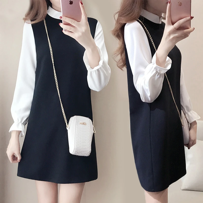 

New Fashion Women Long Sleeve Patchwork Dresses Autumn Casual A Line Dress White Black Fake Two Pieces Sashes Women Office Dress