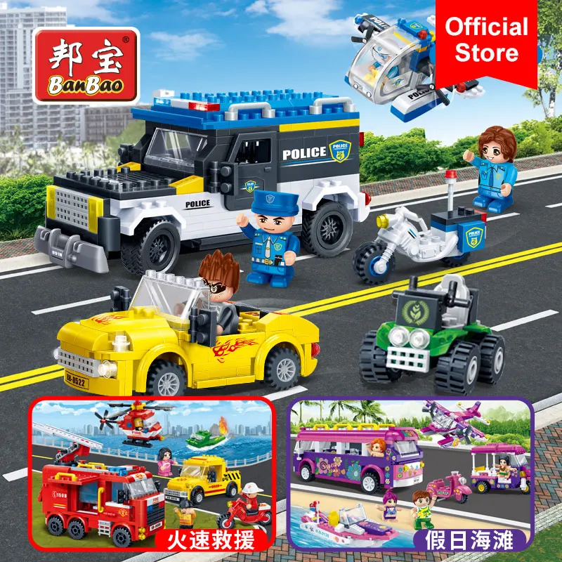 

BanBao Police Car Helicopter Fire Fighting Truck Bus Boat Girls Boys Building Blocks Bricks Educational Model Toy Children Kids