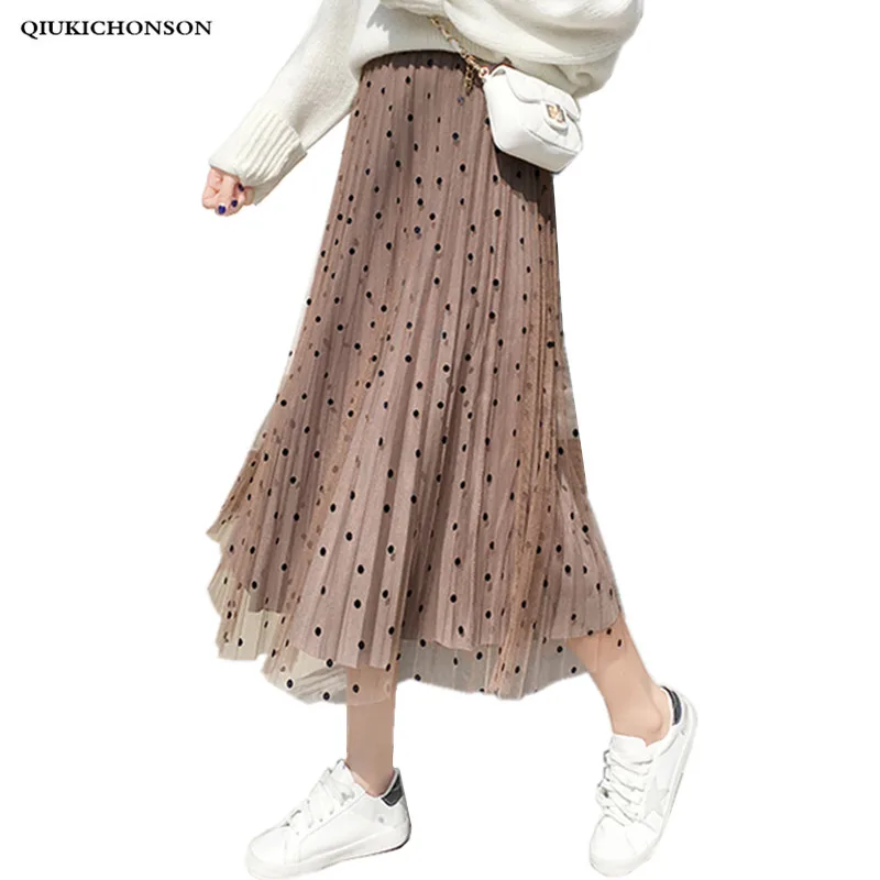 Винтажная осенне-зимняя юбка в горошек с высокой талией женский трапециевидный Длинный плиссированный юбка два способа ношения миди длина Тюлевая юбка