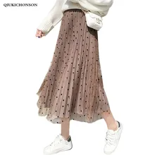 Винтажная осенне-зимняя юбка в горошек с высокой талией женский трапециевидный Длинный плиссированный юбка два способа ношения миди длина Тюлевая юбка