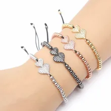 gold silver micro pave cz Cubic Zirconia rope adjusted Copper Beads Bracelet tb535 heart Charm Braided Bangles Jewelry women