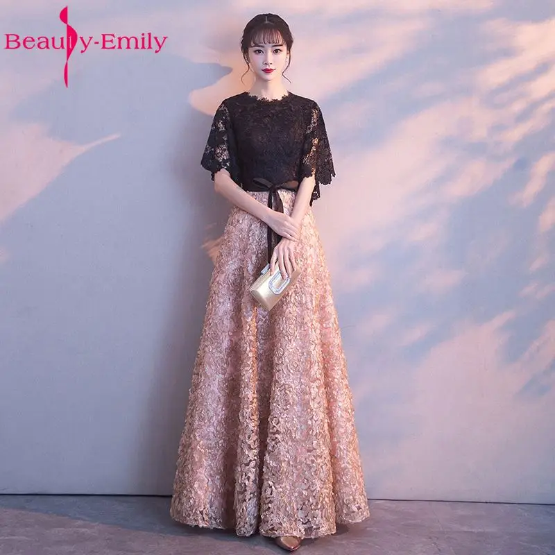 Beauty Emily Long Black Lace Evening Dresses 2017 Formal Party Occasion Prom Dresses A-line Half Sleeve vestido de noite Beauty Emily Long Black Lace Evening Dresses 2017 Formal Party Occasion Prom Dresses A-line Half Sleeve vestido de noite
