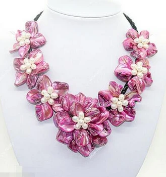 

fashion jewel white pearl pink mother of pearl shell weave 7 flower necklace 18"