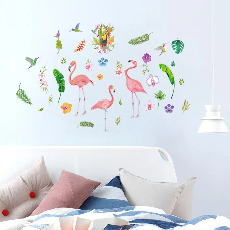 

INKANEARE Cute Pink Animal Nordic Home Wall Decoration Stickers Girl Heart Hostel Dress Up Sticker Green Leaf Flamingo Mural