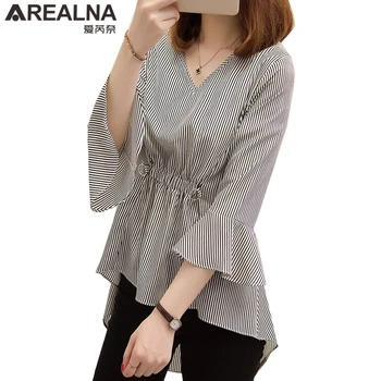 

Autumn Plus Size Ruffle Womens Blouse Spring Korean Casual Striped V-neck Ladies Tops Chiffon Tunic Shirts Female Blusa Feminina