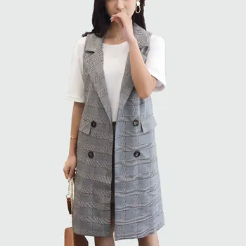 

Women's Lattice Long Vest 2018 Autumn Sleeveless Blazer Vest Waistcoat Pockets Double Breasted Sleeveless Colete Feminino
