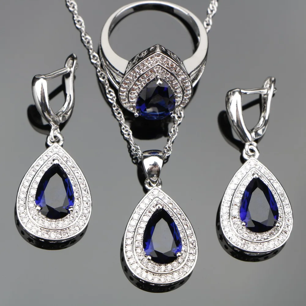 

Blue Zircon Bridal 925 Sterling Silver Jewelry Sets For Women Costume Pendants&Necklaces Earrings With Stones Rings Set Gift Box