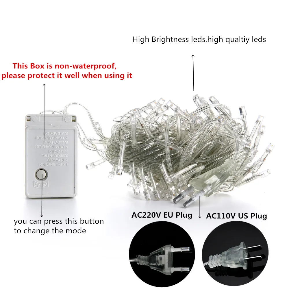 Праздничный струнный светильник s, водонепроницаемый, 110 В/220 В, 10 м, 20 м, 50 м, для рождественского фестиваля, вечерние, сказочный, красочный, Рождественский Декор, светильник