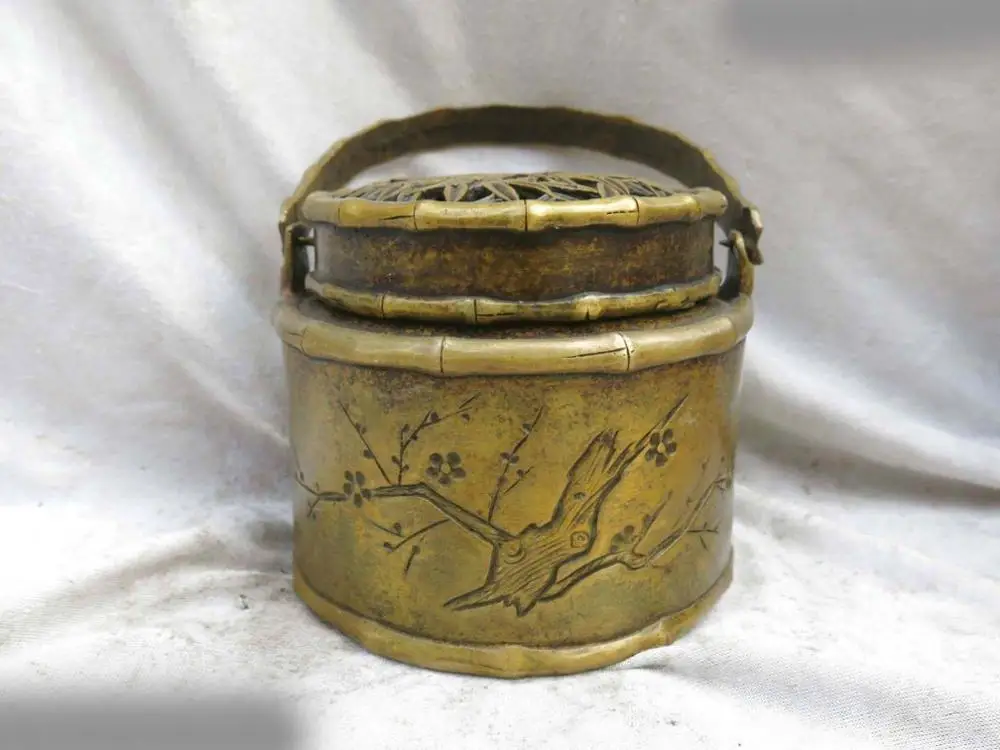 

DS China brass copper folia bambosae plum blossom censer incense burner Statue