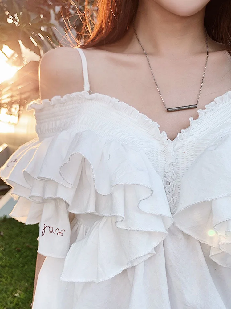 

Women White Cami Ruffle Edge Off Shoulder Summer Top Sweet Heart Sexy Nightclub Crop Top New Arrival Big Size Hot Sale