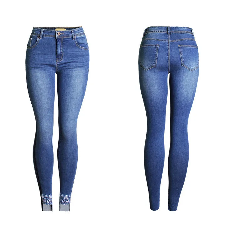 High Waist Jeans Embroidered Denim Pencil Pants Hot Fashion Stretchable Skinny Jeans Women Blue Color Slit Foot Jeans Female (9)