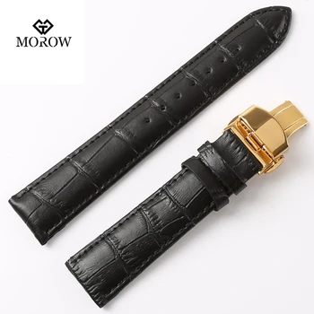 

MOROW Fashion Casual Men's Womens Genuine Leather Watchbands 18 20 22 24mm Black Watch Band Butterfly Deployment Clasps