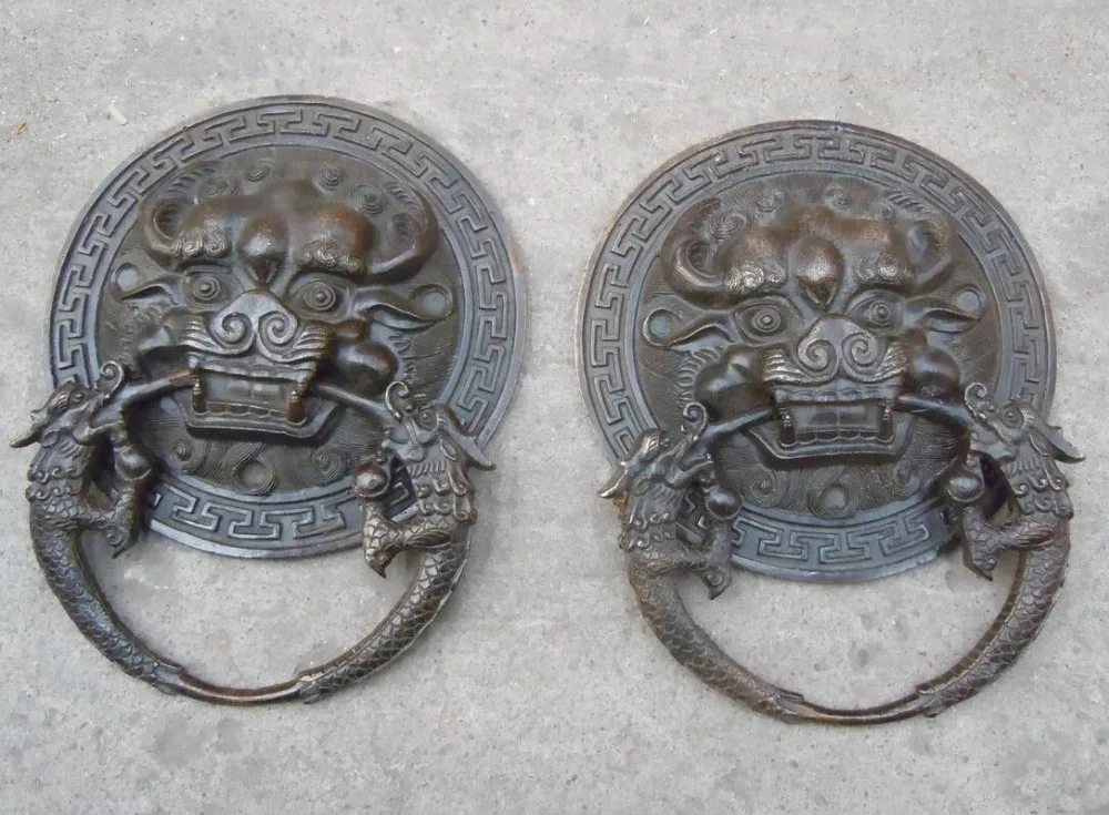 

24 cm China bronze copper carved dragon tiger knocker pair Sculpture statue