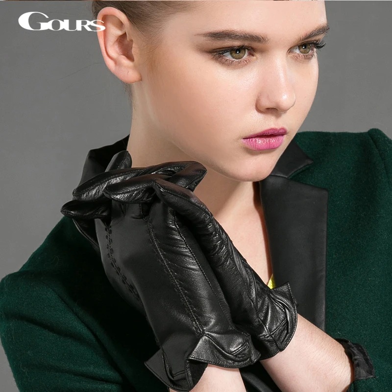 

Gours Fall and Winter Genuine Leather Gloves for Women Black Goatskin Finger Gloves 2018 New Arrival Fashion Warm Mittens GSL032