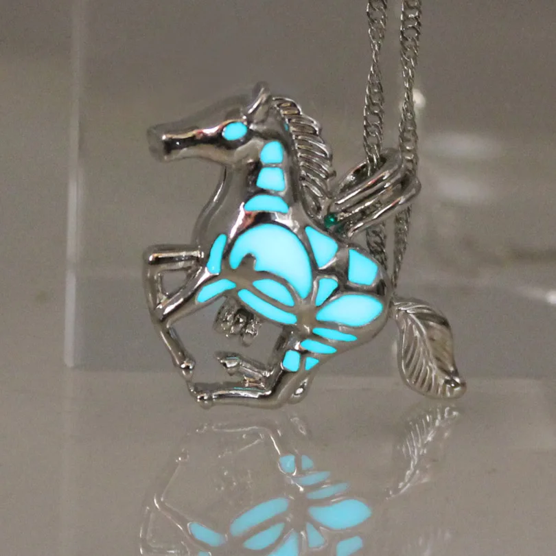 

ZHIZSMALL Glowing HORSE Necklace Silver horse Locket Necklace GLOW in the DARK night Fluorescent gifts men women girls