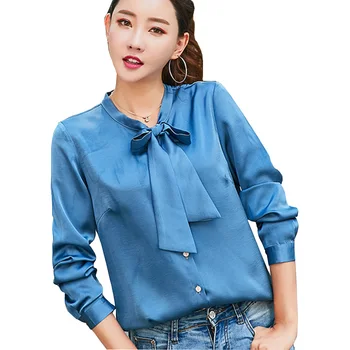 

Bow Collar Lady Fashion Silk Blouses Size M-XL Autumn Spring Long Sleeve Women White Casual OL Shirts