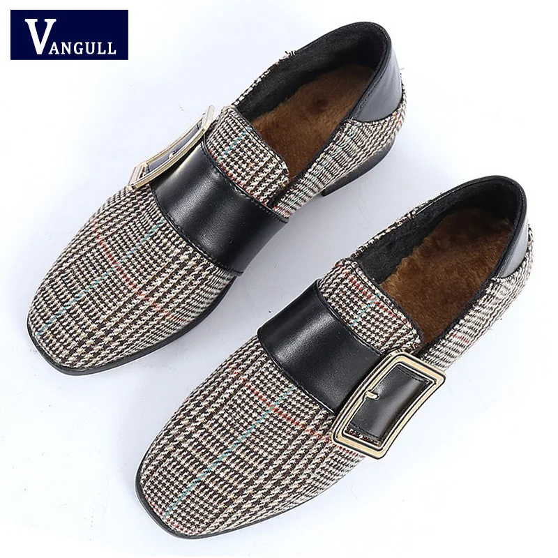 

Vangull Winter Fur Oxfords Women Gingham Pu Leather Casual Shoes Womens Warm Soft Plush Flats Metal Buckle Loafer Outdoor 2019