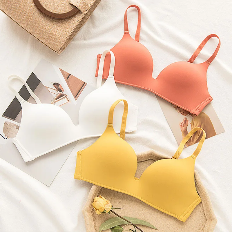 

Wasteheart Women Fashion Skin Yellow Wireless Bra One-Piece Active Bras Female Sexy Bra Yoga Seamless Back Underwear Cup A B