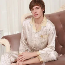 Для мужчин Натуральная Шелковая пижама Новая мода печатных Шелковый мужской пижамы с длинными рукавами; Пижама с рукавами и штаны комплект из двух предметов Z039