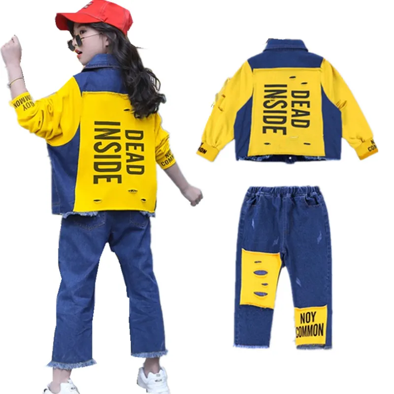 

Children Clothing Set Autumn 2018 New Denim Jacket Ripped Jeans Two-piece Kids Boutique Outfit Teenage Girls Clothes 10 12 Years