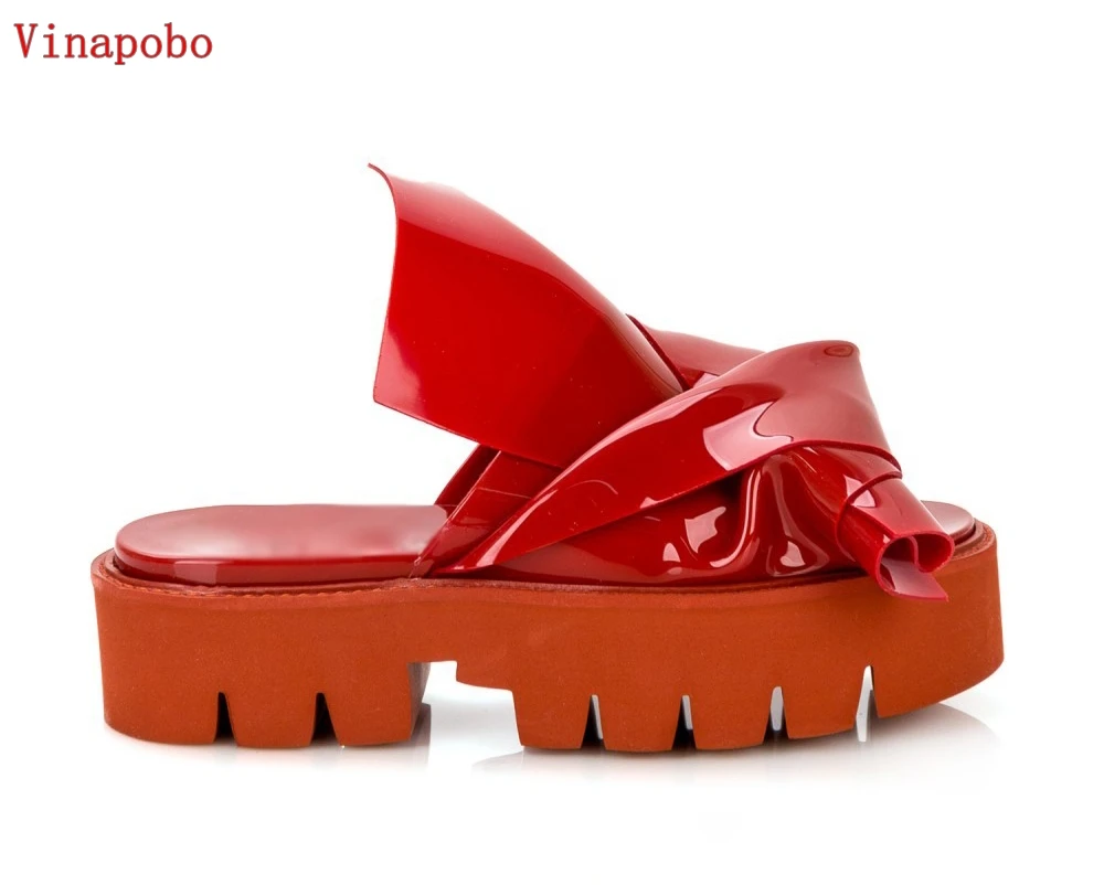 

Vinapobo Women Slipper High Heel Platform Women Bowtie Bowknot Leather Slippers Outside Slides Ladies Beach Flats Flip Flops