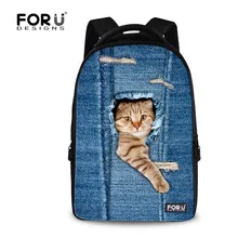 FORUDESIGNS Винтаж Женщин Школьные Рюкзаки Джинсовая Кошка Печати Путешествия Ноутбук Bagpack для Женщин Дамы Животных женщин Mochilas Mujer