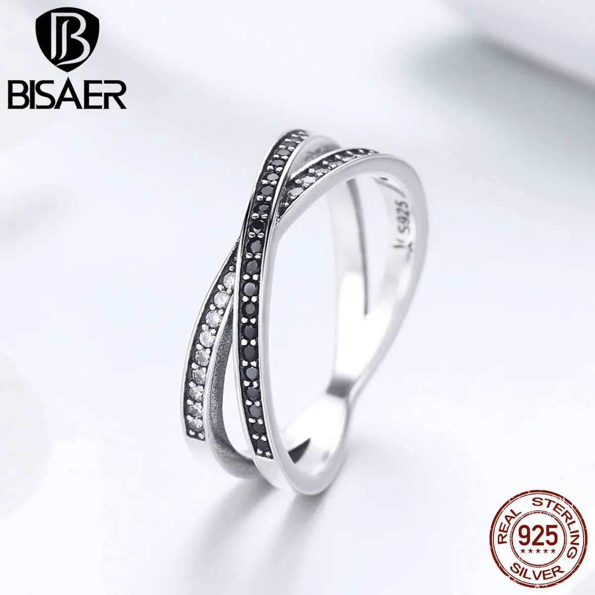 

BISAER Anel 925 Sterling Silver Cross Geometric Clear CZ Black Finger Rings for Women Authentic Silver Wedding Jewelry ECR439