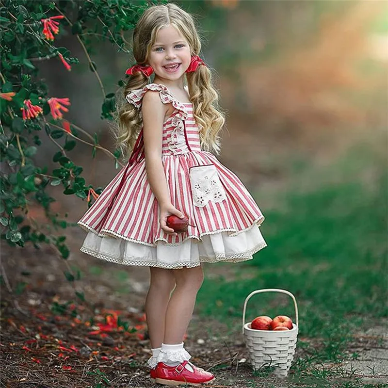 Fairy Kids Girls Clothes Dress Strap Ruffle Sleeveless Strip Lolita Style Sunmmer Sundress Children Clothing 2-7Y | Детская одежда и