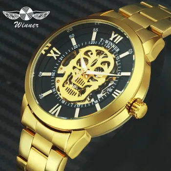 

WINNER 2019 New Fashion Skull Watch Men Skeleton Auto Mechanical Stainless Steel Strap Steampunk Mens Watches Top Brand Luxury